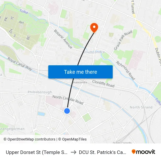 Upper Dorset St (Temple Street) to DCU St. Patrick's Campus map