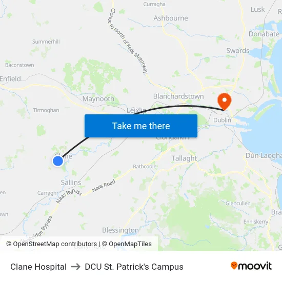 Clane Hospital to DCU St. Patrick's Campus map