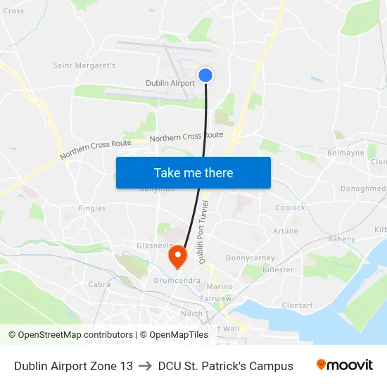 Dublin Airport Zone 13 to DCU St. Patrick's Campus map