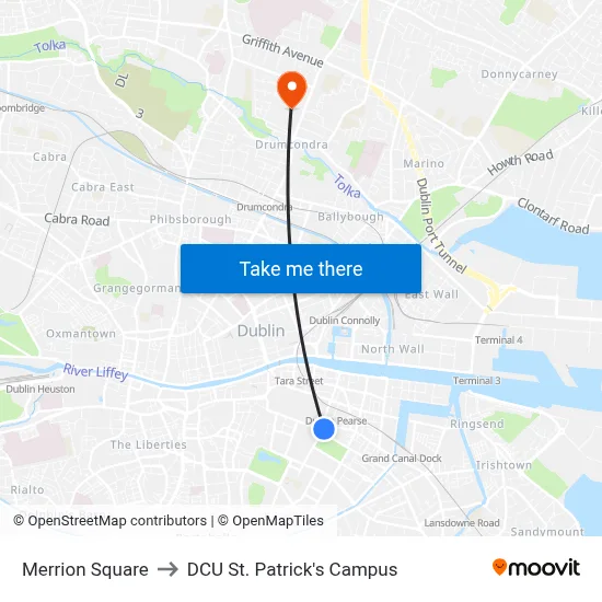 Merrion Square to DCU St. Patrick's Campus map