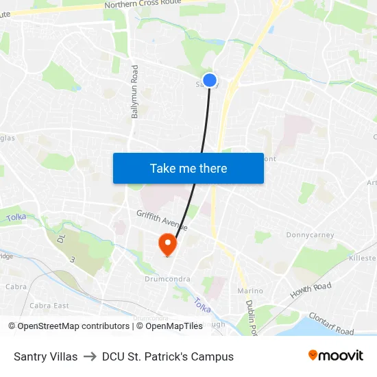 Santry Villas to DCU St. Patrick's Campus map