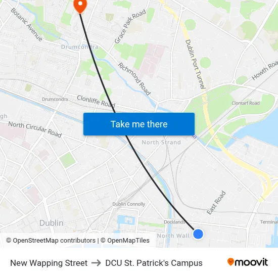 New Wapping Street to DCU St. Patrick's Campus map