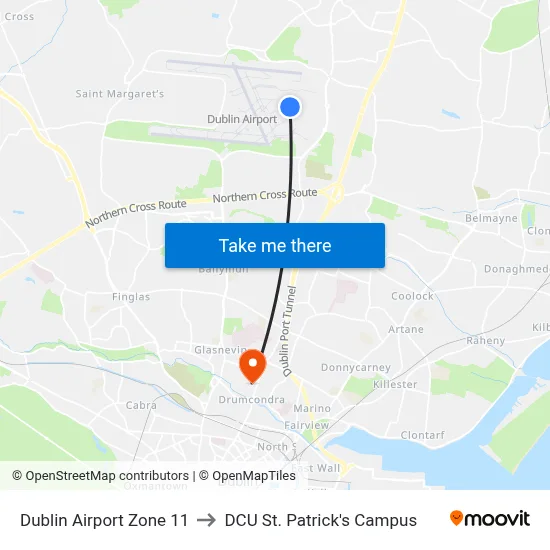 Dublin Airport Zone 11 to DCU St. Patrick's Campus map
