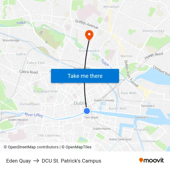 Eden Quay to DCU St. Patrick's Campus map