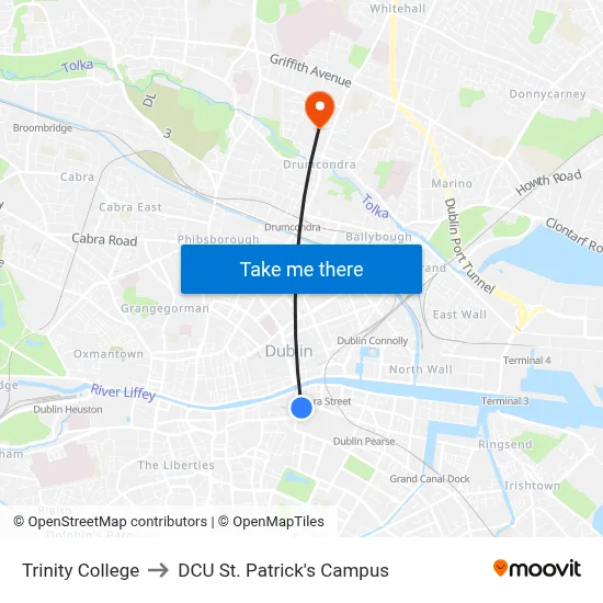 Trinity College to DCU St. Patrick's Campus map