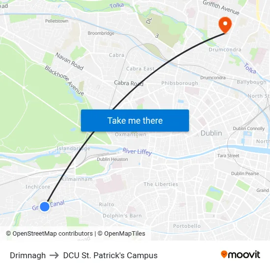 Drimnagh to DCU St. Patrick's Campus map