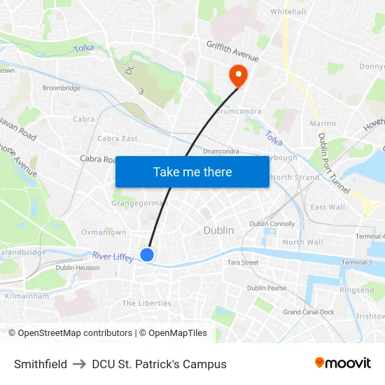 Smithfield to DCU St. Patrick's Campus map