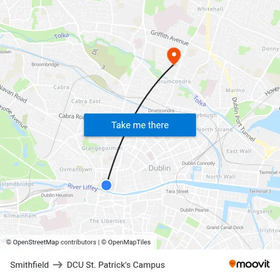 Smithfield to DCU St. Patrick's Campus map