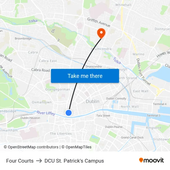 Four Courts to DCU St. Patrick's Campus map