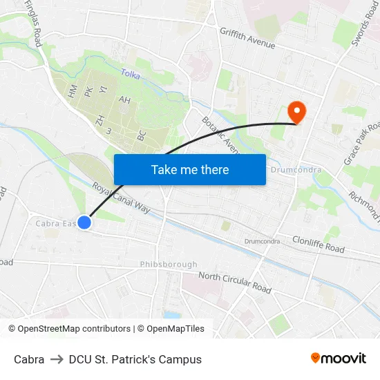 Cabra to DCU St. Patrick's Campus map