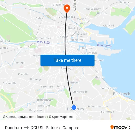 Dundrum to DCU St. Patrick's Campus map