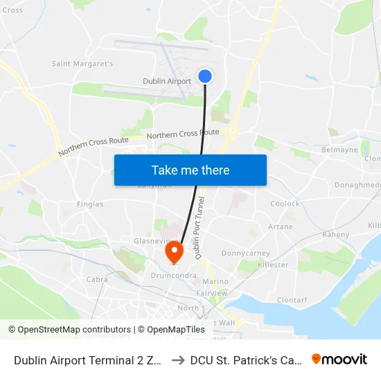 Dublin Airport Terminal 2 Zone 21 to DCU St. Patrick's Campus map