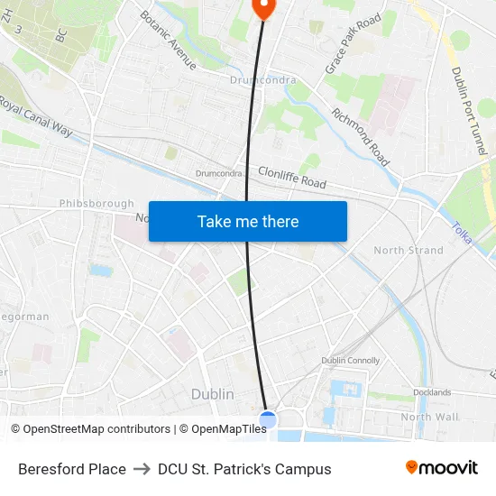 Beresford Place to DCU St. Patrick's Campus map