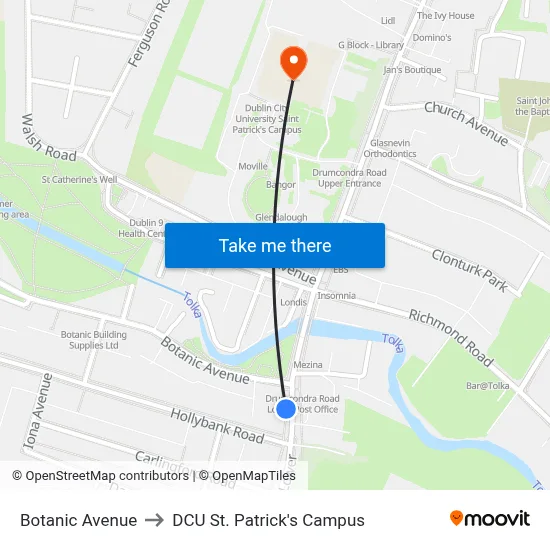 Botanic Avenue to DCU St. Patrick's Campus map