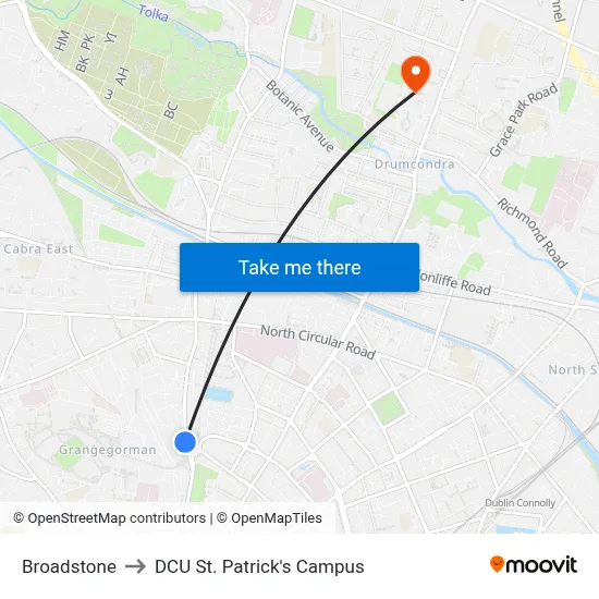 Broadstone to DCU St. Patrick's Campus map