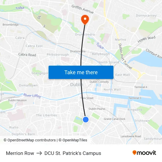 Merrion Row to DCU St. Patrick's Campus map