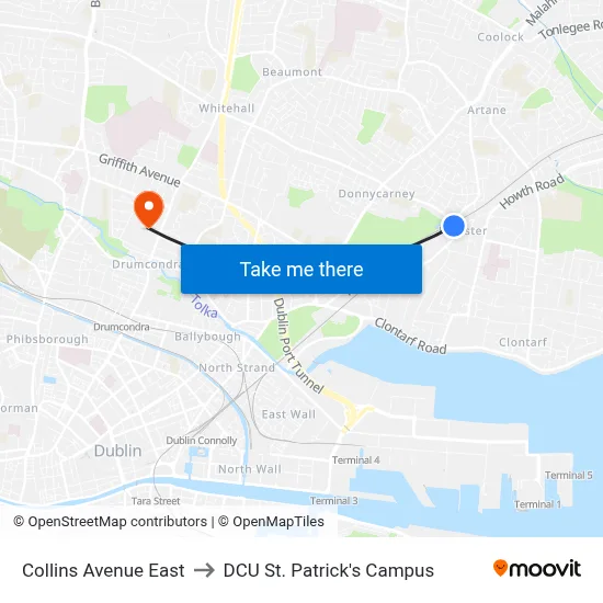 Collins Avenue East to DCU St. Patrick's Campus map