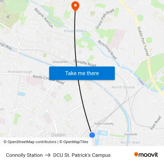 Connolly Station to DCU St. Patrick's Campus map