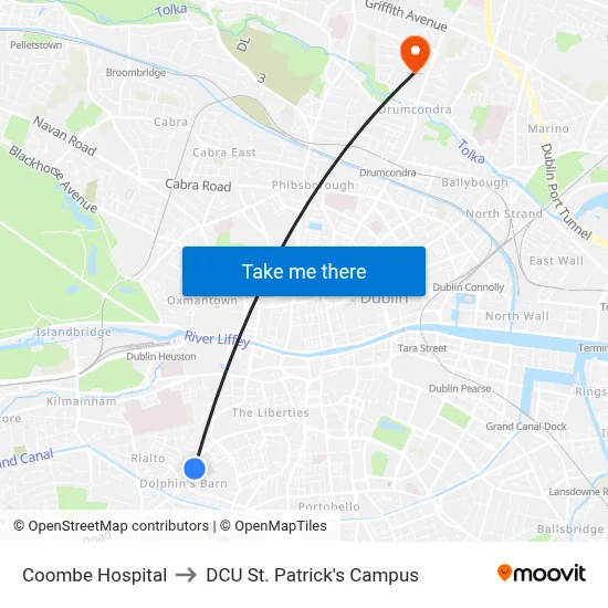 Coombe Hospital to DCU St. Patrick's Campus map