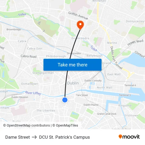 Dame Street to DCU St. Patrick's Campus map