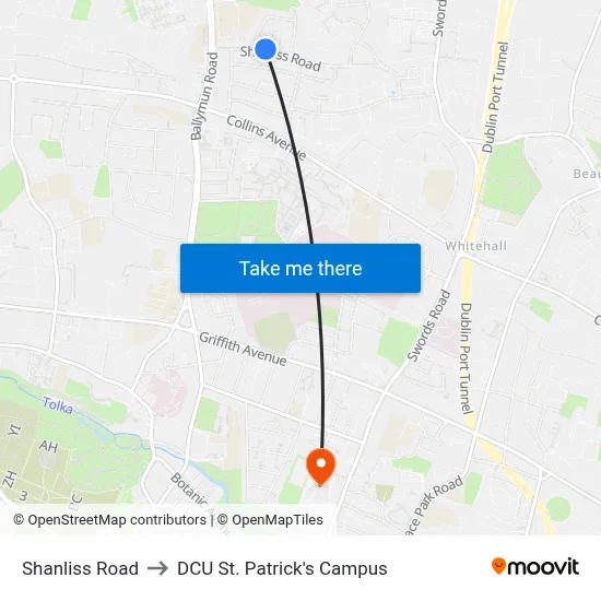 Shanliss Road to DCU St. Patrick's Campus map