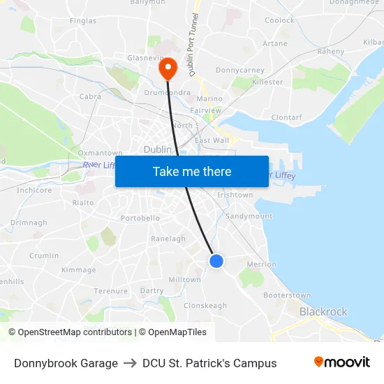 Donnybrook Garage to DCU St. Patrick's Campus map
