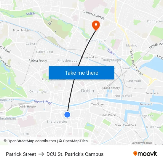 Patrick Street to DCU St. Patrick's Campus map
