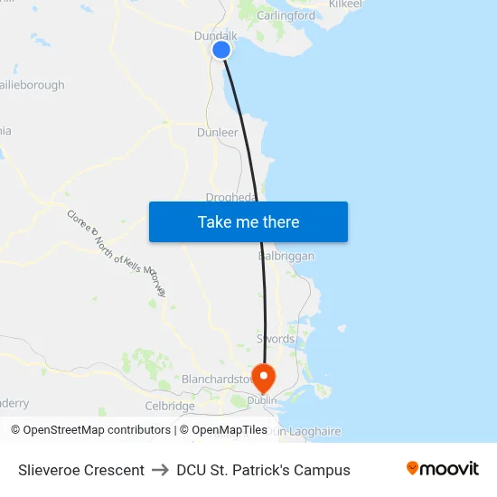 Slieveroe Crescent to DCU St. Patrick's Campus map