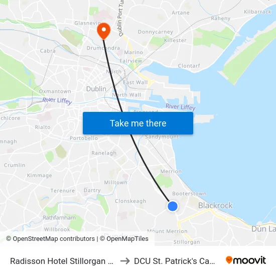 Radisson Hotel Stillorgan Road to DCU St. Patrick's Campus map