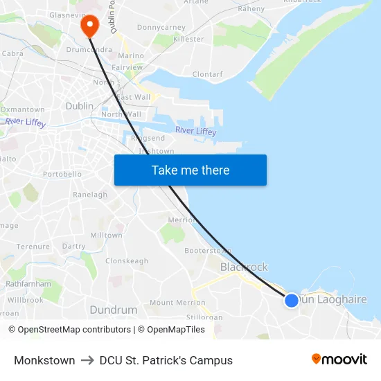 Monkstown to DCU St. Patrick's Campus map
