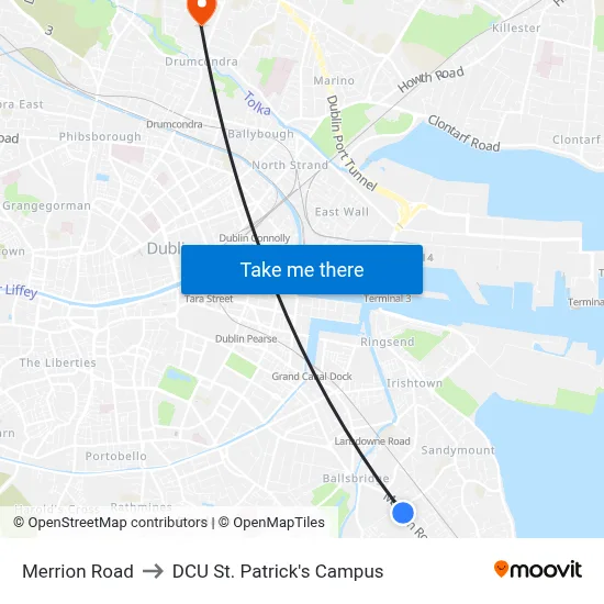 Merrion Road to DCU St. Patrick's Campus map