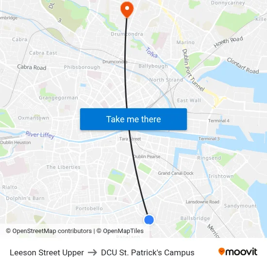 Leeson Street Upper to DCU St. Patrick's Campus map