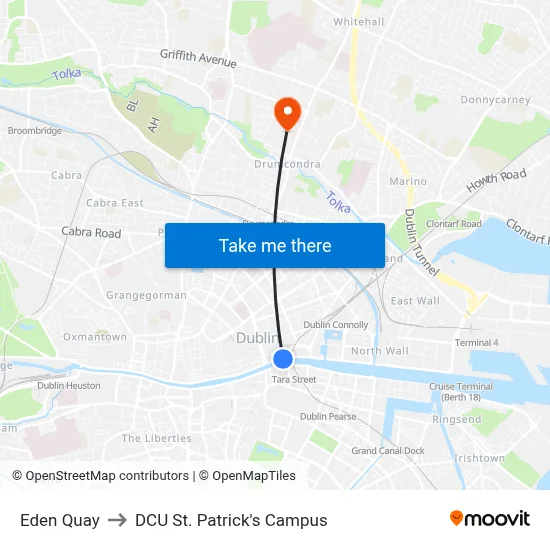 Eden Quay to DCU St. Patrick's Campus map