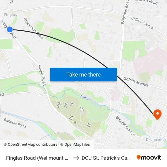 Finglas Road (Wellmount Road) to DCU St. Patrick's Campus map