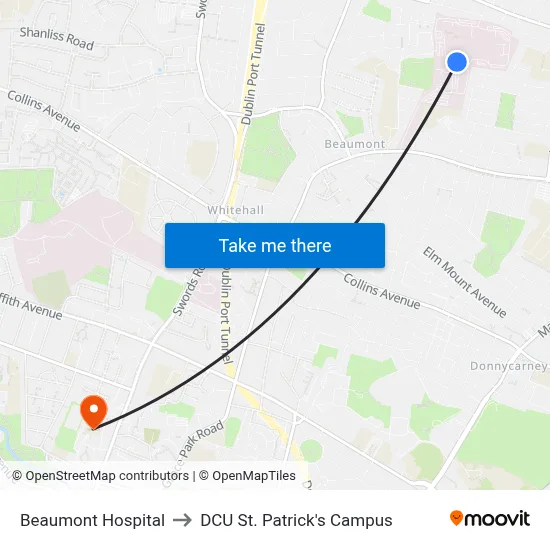 Beaumont Hospital to DCU St. Patrick's Campus map
