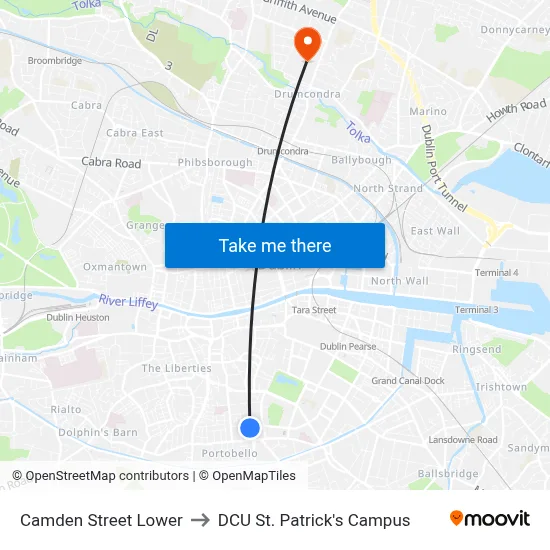 Camden Street Lower to DCU St. Patrick's Campus map