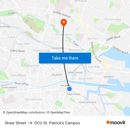 Shaw Street to DCU St. Patrick's Campus map