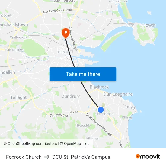 Foxrock Church to DCU St. Patrick's Campus map
