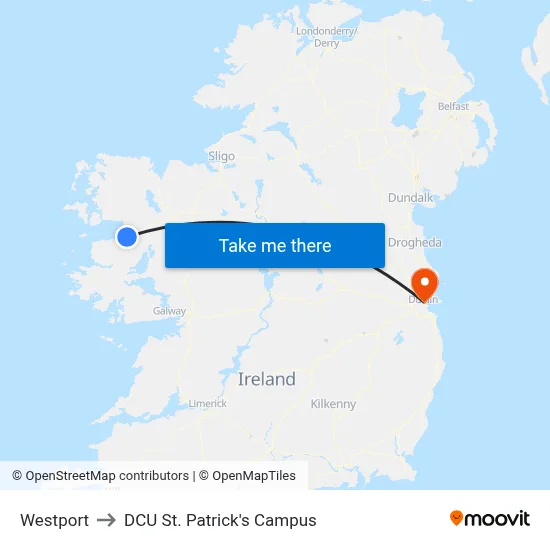 Westport to DCU St. Patrick's Campus map