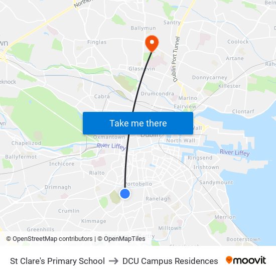 St Clare's Primary School to DCU Campus Residences map