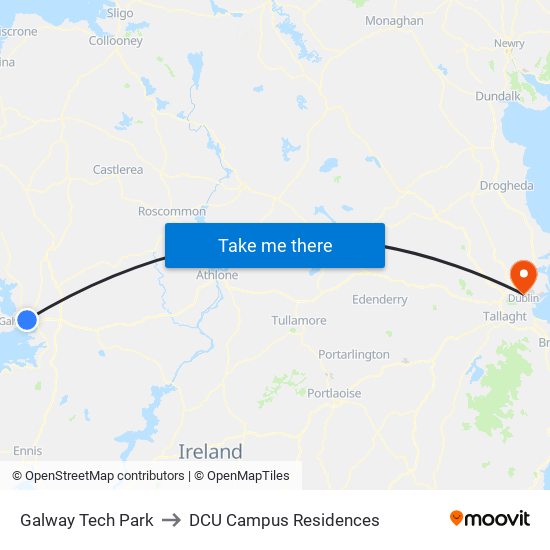 Galway Tech Park to DCU Campus Residences map