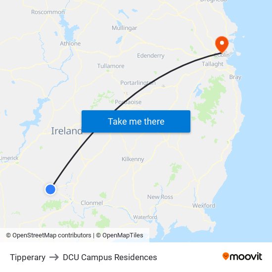 Tipperary to DCU Campus Residences map