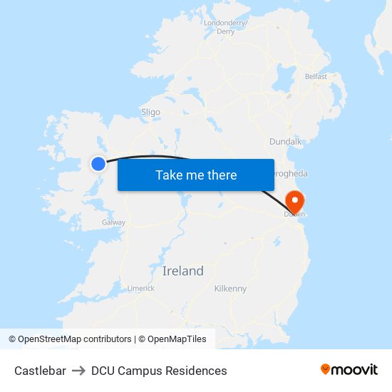 Castlebar to DCU Campus Residences map