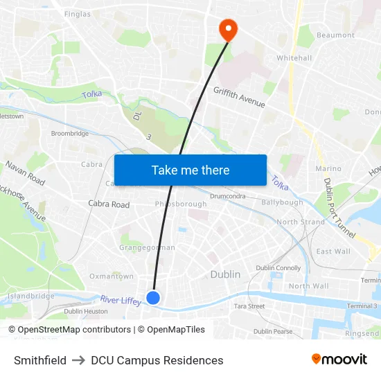 Smithfield to DCU Campus Residences map