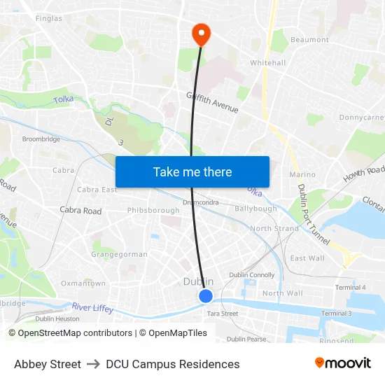 Abbey Street to DCU Campus Residences map