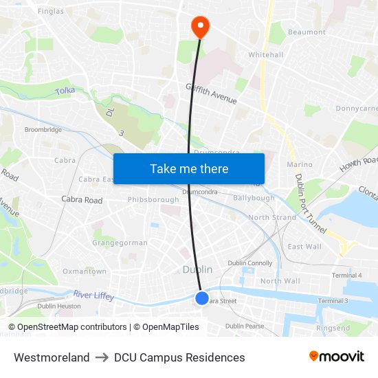 Westmoreland to DCU Campus Residences map