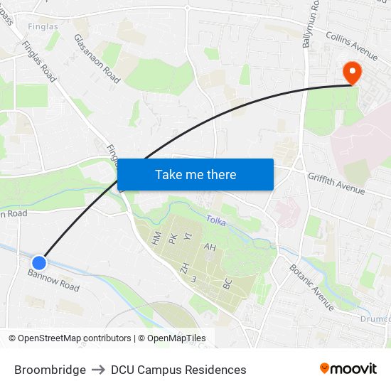 Broombridge to DCU Campus Residences map