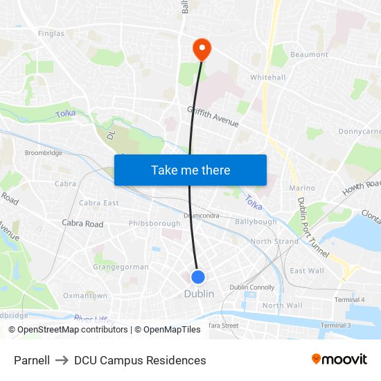 Parnell to DCU Campus Residences map