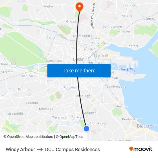 Windy Arbour to DCU Campus Residences map