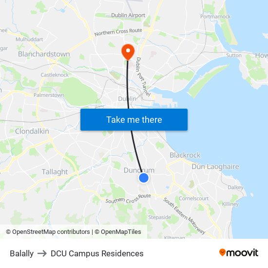 Balally to DCU Campus Residences map